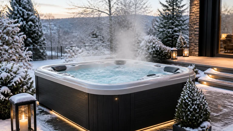 Outdoor-Whirlpool mit Dampf in verschneitem Garten