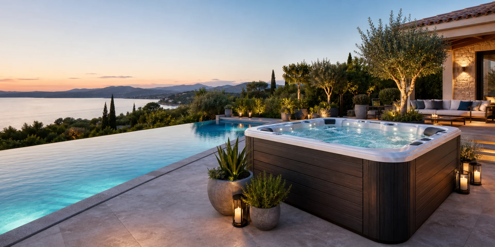 Moderner Garten mit Pool und Outdoor-Whirlpool bei Abendlicht