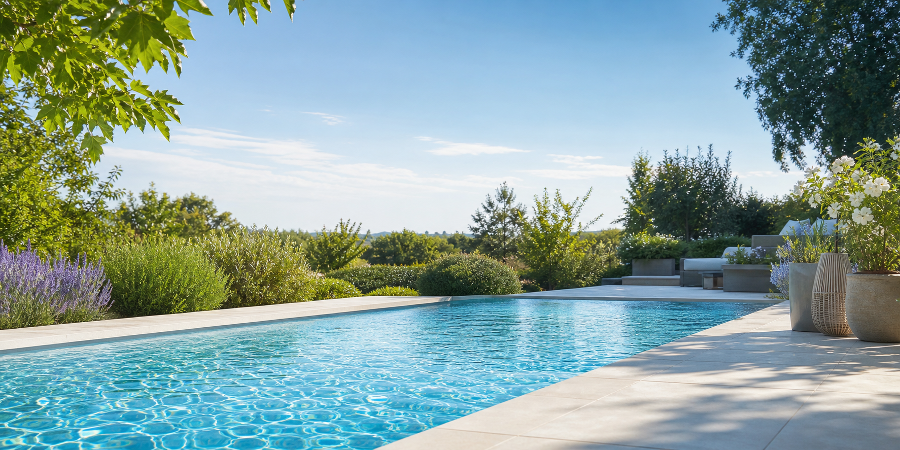 Poolwasser und Gartenambiente an einem sonnigen Sommertag